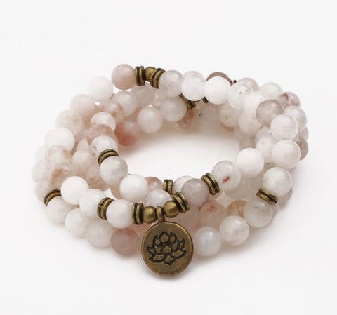 Pink Agate 108 Mala Stone Lotus Charm Yoga Jewelry