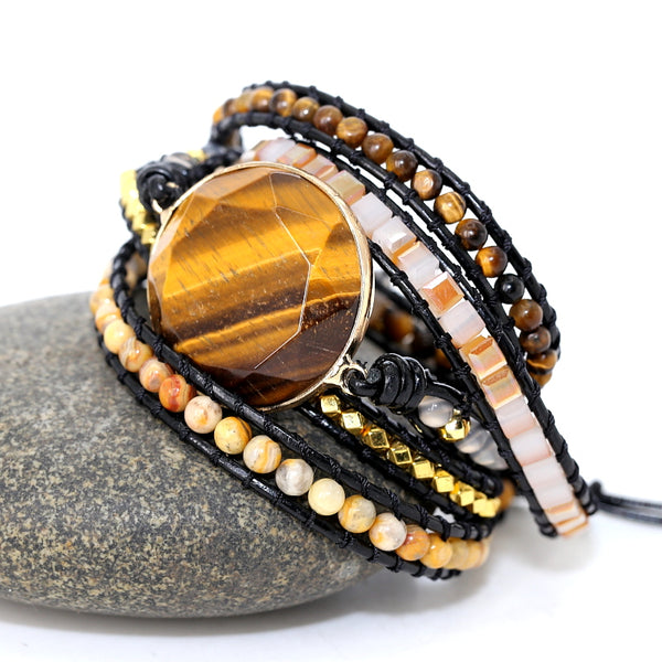 Tiger Eye Beaded Leather Wrap Bracelet