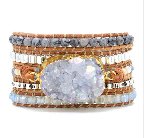 Natural Crystal Clear Quartz Druzy Bracelet Vintage Leather Wrap Bracelet