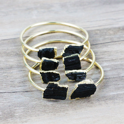 Natural Black Tourmaline Gold Plated Stretch Bracelet