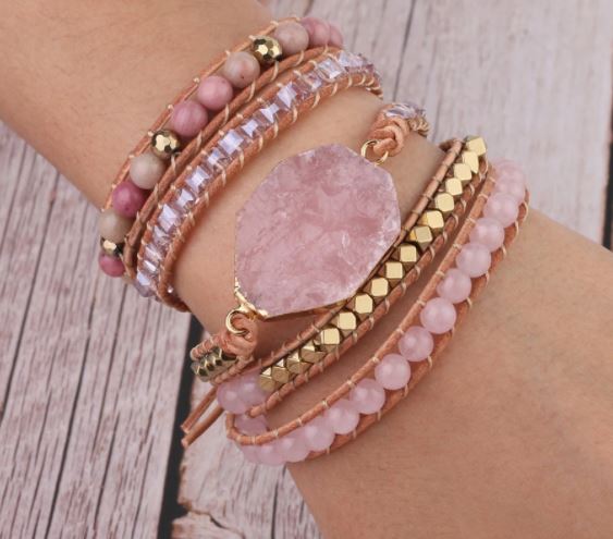 Quality Gold Pink Leather Rose Quartz Beaded Multi Wrap Brass